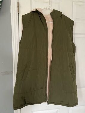 Olive Hooded Puffer Vest with Cream Sherpa Interior